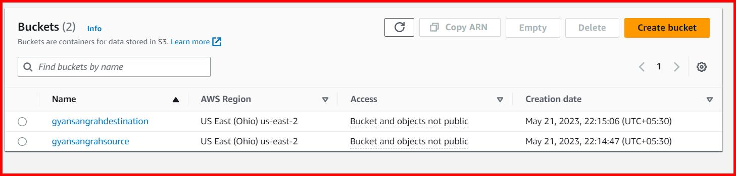 Picture showing the source and the destination buckets created in AWS console